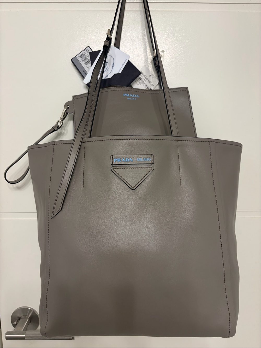 Prada New w/ Tags Certified Authentic Gray Leather Double Tote w/ Wallet